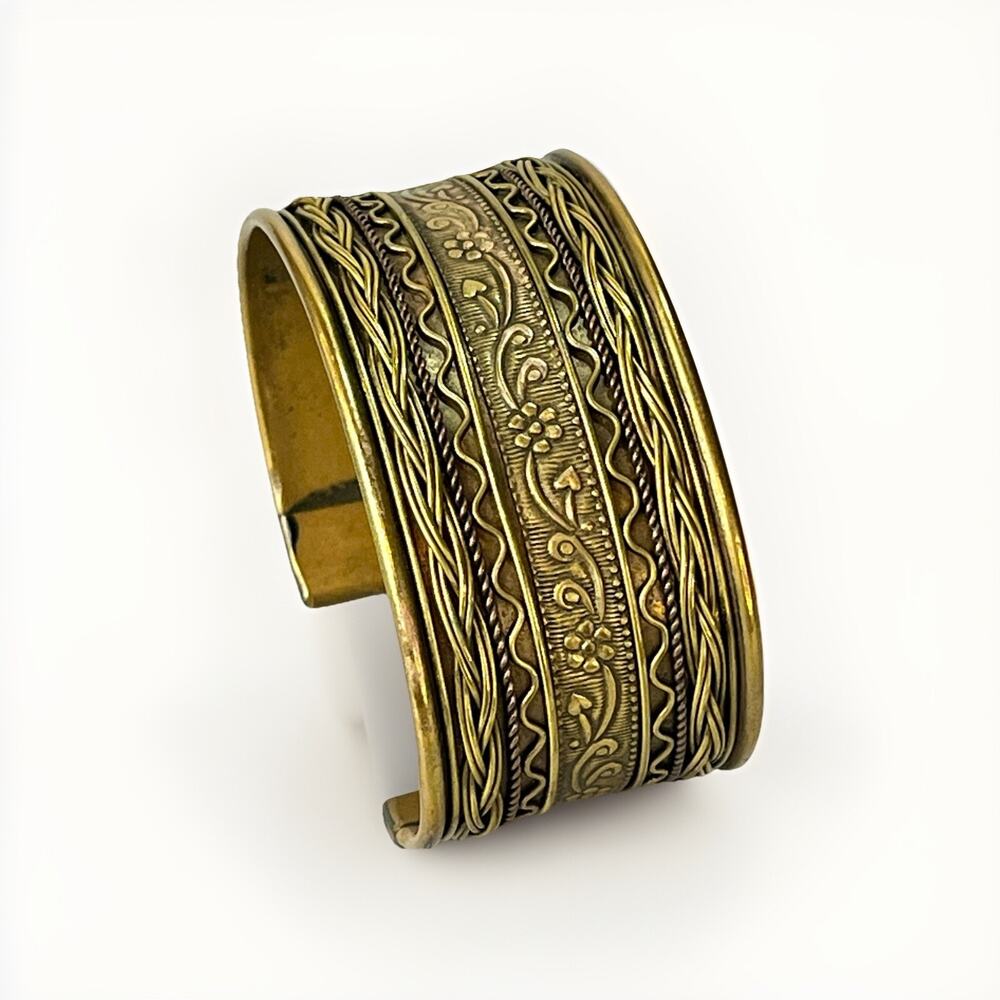 Vintage Brass 1-1/4" Wide Cuff Bracelet Ornate Floral Design Boho Ethnic Jewelry